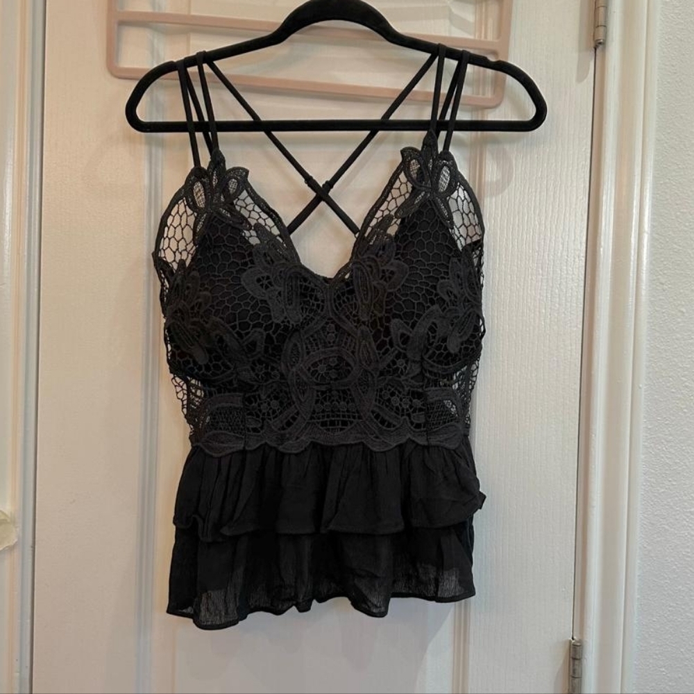 Black Lace Ruffle Camisole Top - Women